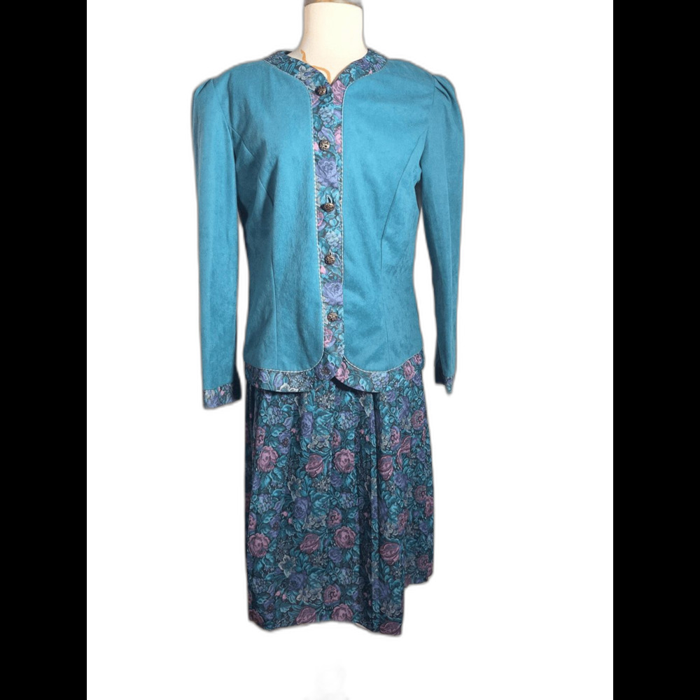 Another Thyme Skirt Set Size 14 80's Vintage English Garden Rich Teal Floral